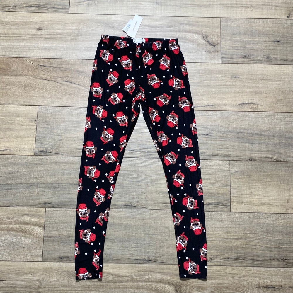 No Comment Junior’s Christmas Dog Pug Printed Leggings Size‎ Small Black Red